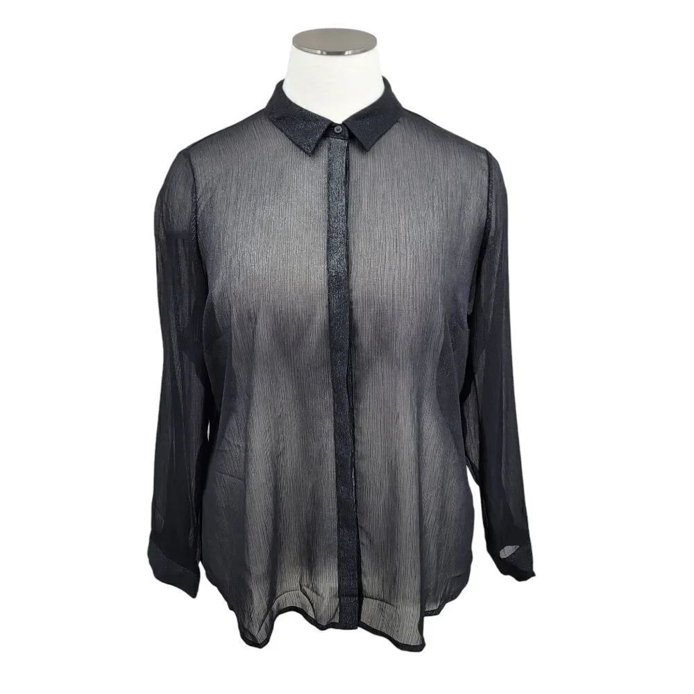 Lane Bryant Y2k Black Silver Sheer Chiffon Button Down Blouse Women's Plus Size